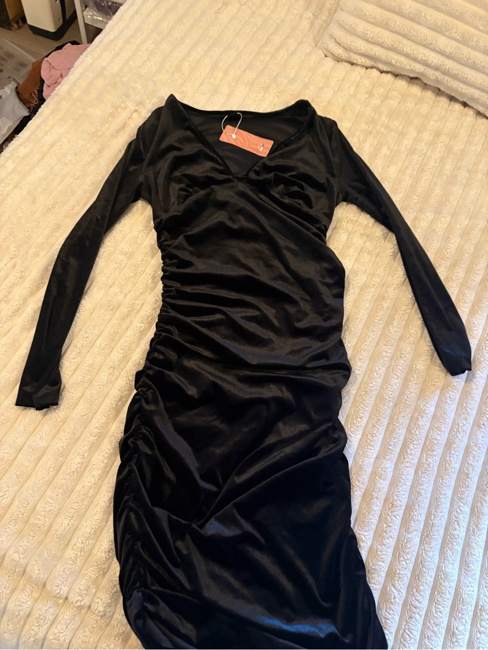 SHEIN Black Long-Sleeve Ruched Wrap-Front Midi Dress